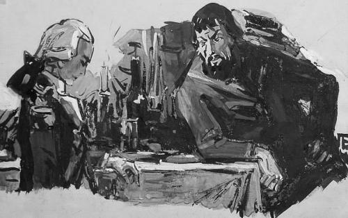 Пугачев и Гринев. Иллюстрация П.Л. Бунина, 1960