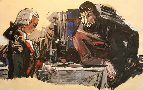 Петр Гринев и Емельян Пугачев. Иллюстрация П.Л. Бунина, 1960