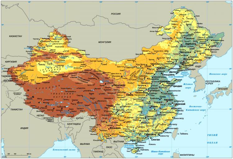 карта рельефа Китая