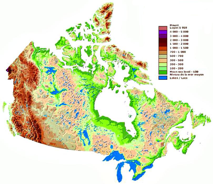 Максимальные высоты канады. Рельеф Канады карта. Рельеф Канады физическая карта. Ландшафтная карта Канады. Рельеф Канады география.