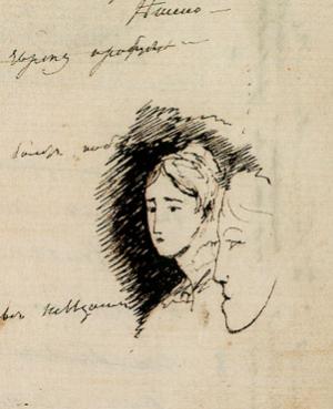 Портрет Н. Н. Гончаровой (слева) чернила «Медный всадник» (V, 436—437) 6 октября 1833, Болдино