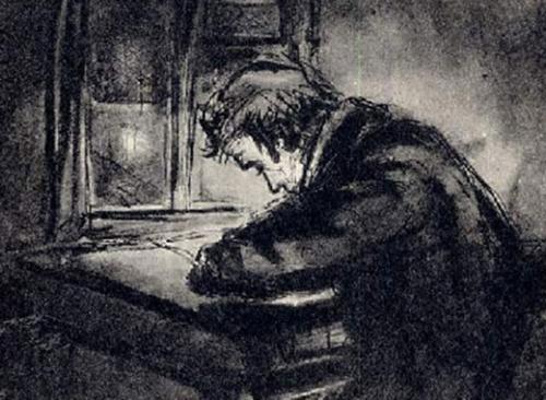 Макар Девушкин читает повесть Гоголя &quot;Шинель&quot; . Иллюстрация Н. Верещагин
