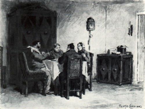 Обед у Собакевича, иллюстрация П.П. Соколова, 1890