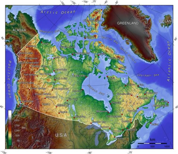 физическая карта Канады с рельефом