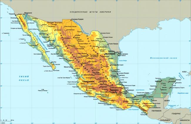 физическая карта рельефа Мексики